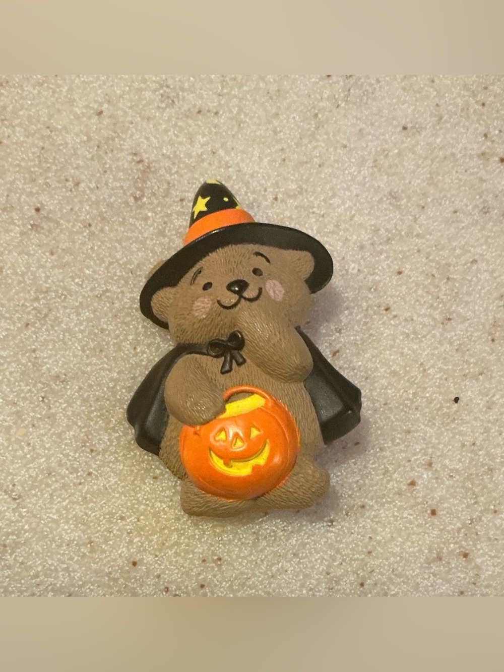 Hallmark Brown Bear Brooch with Black Witch Hat and Orange Pumpkin